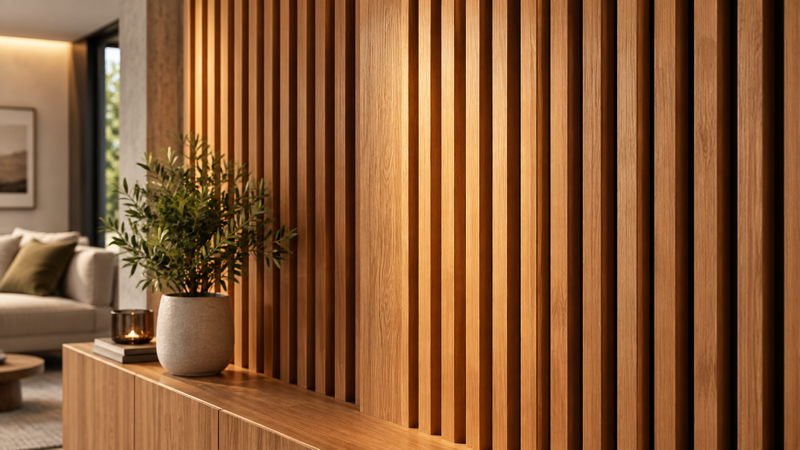 Parement mural décoratif en tasseaux de bois dans un intérieur moderne
