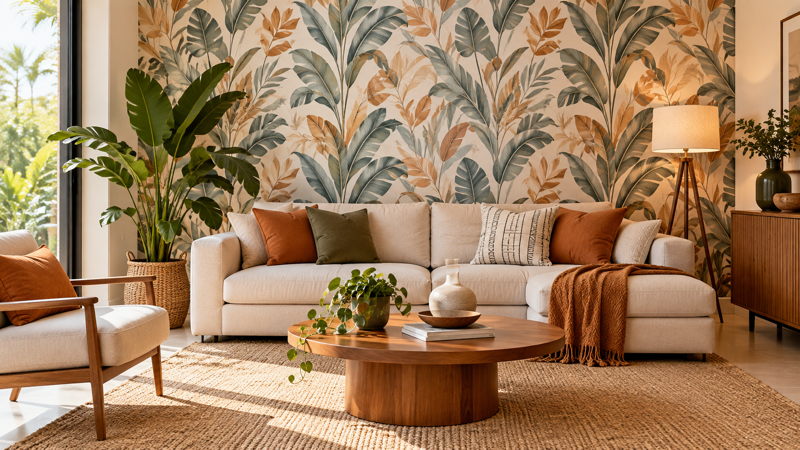 Salon contemporain avec papier peint décoratif à motifs végétaux