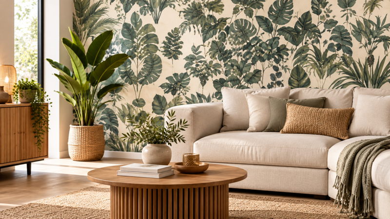 Salon contemporain avec papier peint décoratif à motifs végétaux