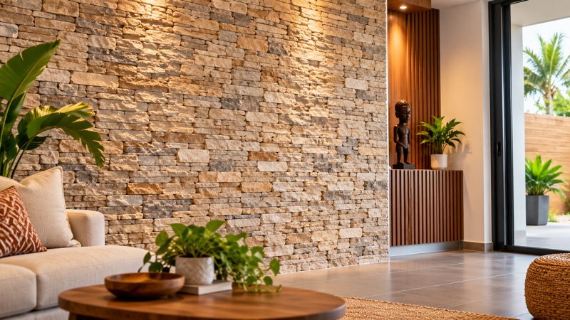 Mur intérieur habillé d’un parement décoratif en pierre naturelle