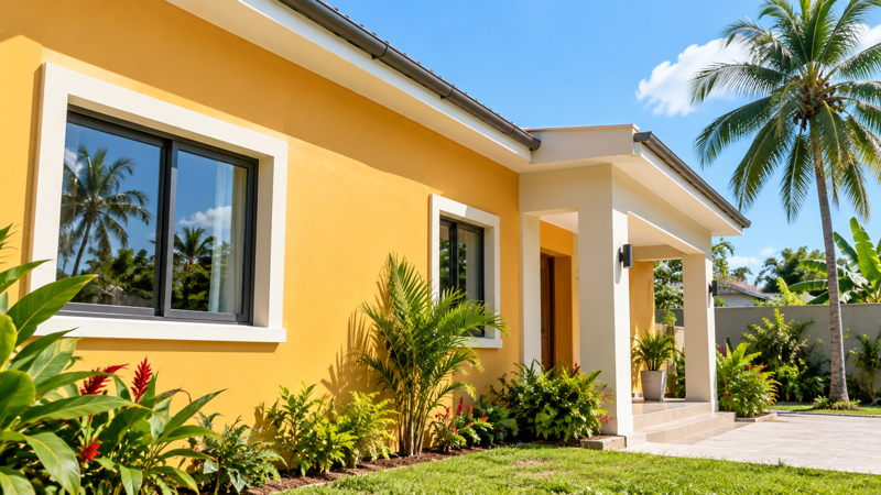 Maison en Côte d’Ivoire avec façade peinte adaptée au climat tropical