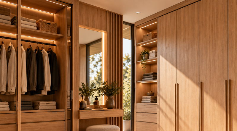Dressing et placards en bois dans une chambre moderne