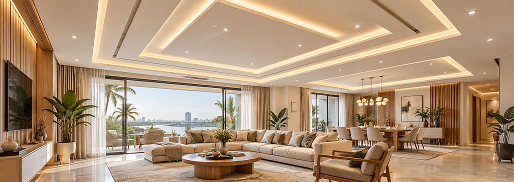 Plafond et faux-plafond moderne dans un intérieur résidentiel en Côte d’Ivoire