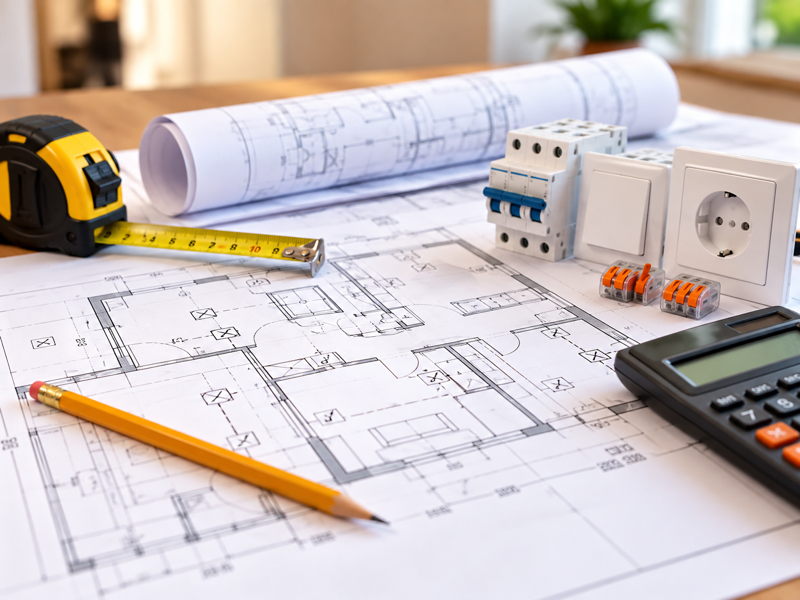 Plan électrique avec prises, interrupteurs et équipements pour préparer une installation intérieure