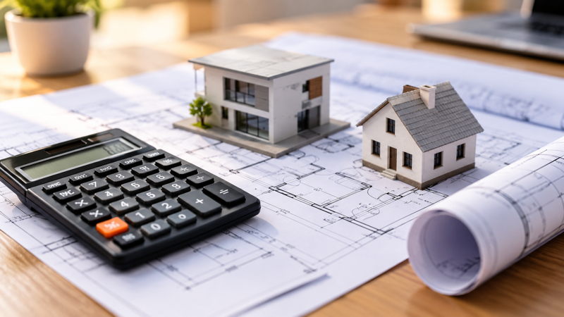 Plan immobilier, maquettes et calculatrice pour évaluer une solution innovante