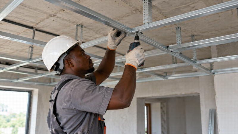 Ouvrier ivoirien installant un faux plafond suspendu