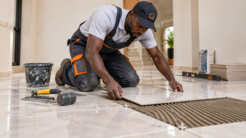 Artisan préparant la pose d’un revêtement de sol dans un intérieur moderne