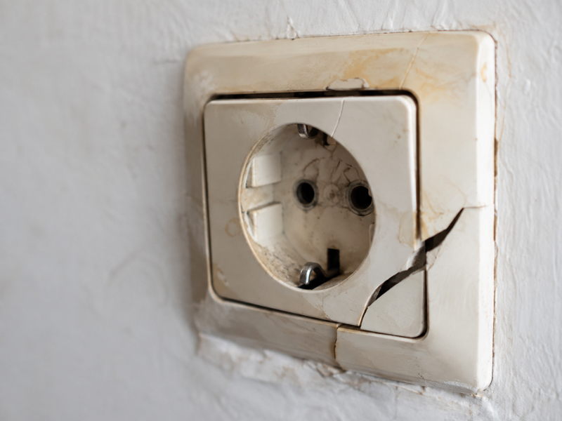 Prise électrique ancienne, usée et fissurée présentant un risque pour l’installation