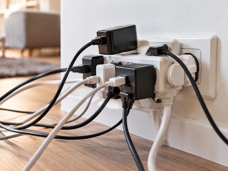 Prise électrique surchargée avec plusieurs appareils branchés simultanément