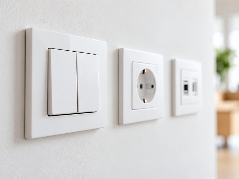 Prises et interrupteurs modernes installés sur un mur intérieur