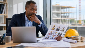 Professionnel étudiant un dossier de construction dans un bureau