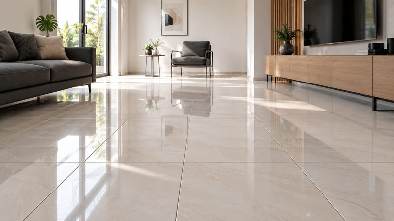 Salon contemporain avec carrelage clair et finition brillante