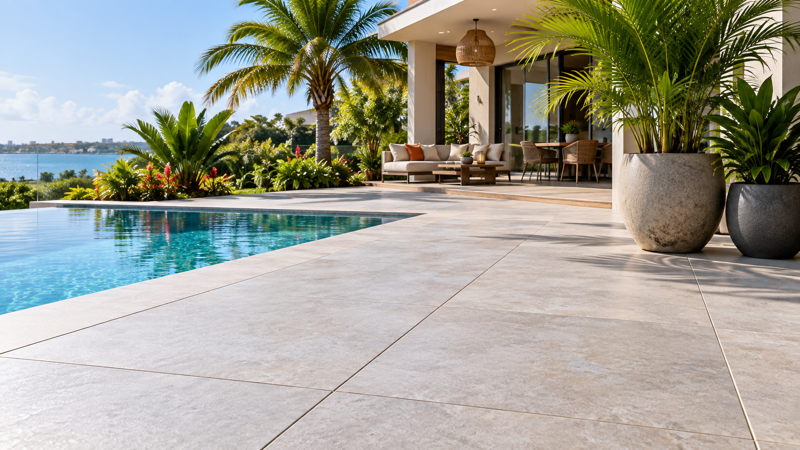 Terrasse extérieure aménagée avec revêtement de sol durable