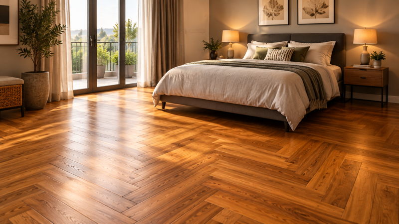 Chambre chaleureuse avec parquet en chevrons