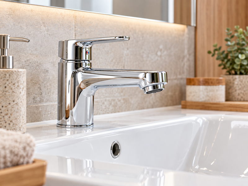 Robinetterie chromée installée sur un lavabo moderne