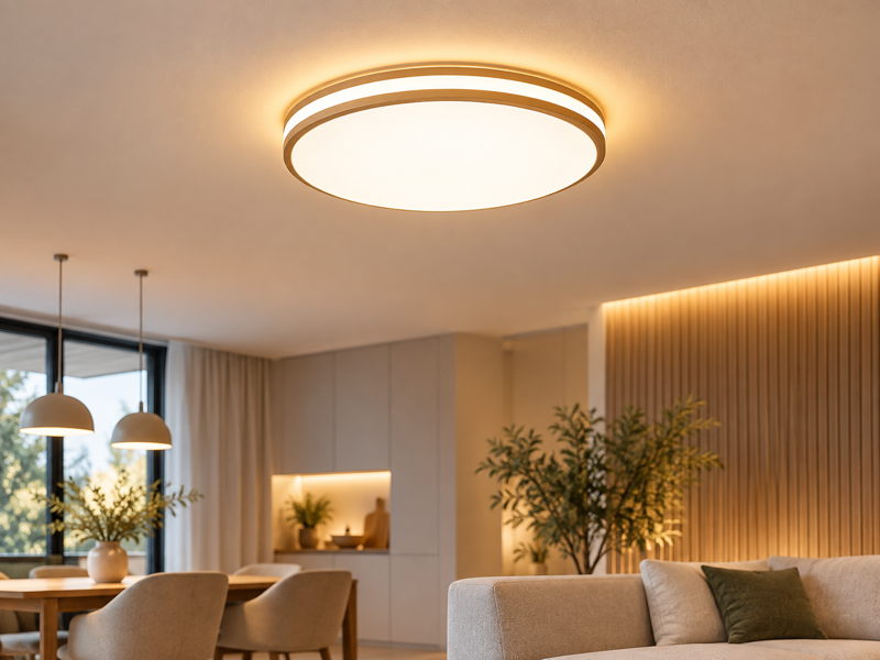 Plafonnier moderne et éclairage chaleureux dans un intérieur contemporain