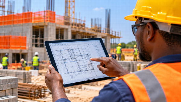 Professionnel ivoirien consultant les plans d’un chantier sur une tablette numérique