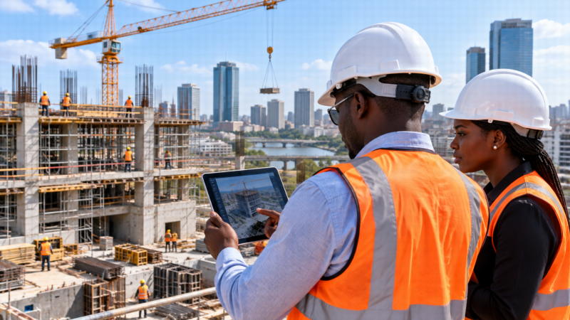 Professionnels ivoiriens utilisant une tablette pour suivre l’avancement d’un chantier
