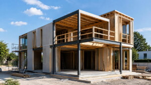 Maison en cours de construction associant une ossature en bois et des éléments de maçonnerie