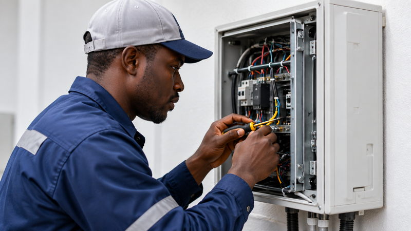 Technicien ivoirien intervenant sur un équipement électrique dans un bâtiment