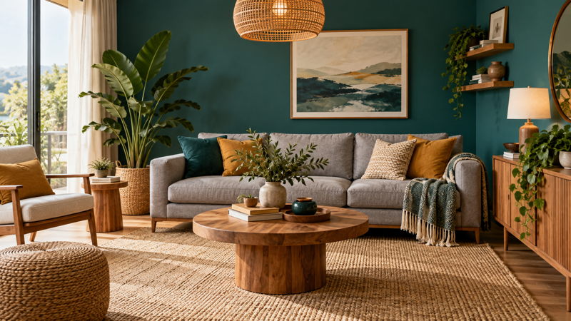 Salon contemporain aux tons bleu-vert et ocre avec décoration végétale
