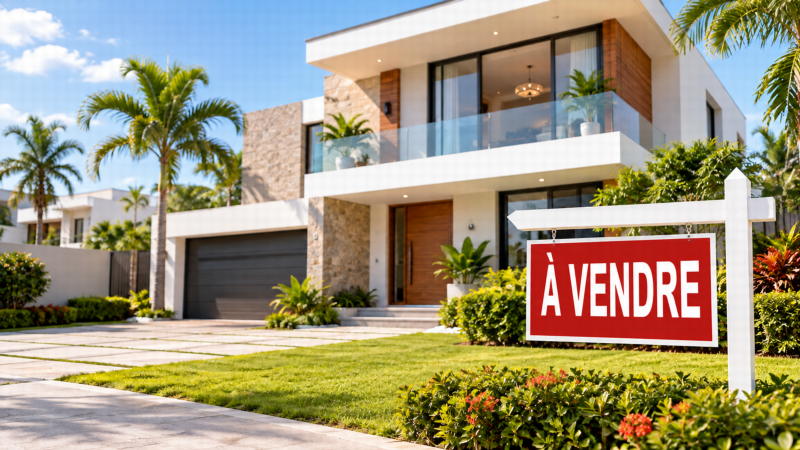 Maison moderne avec panneau « À vendre »