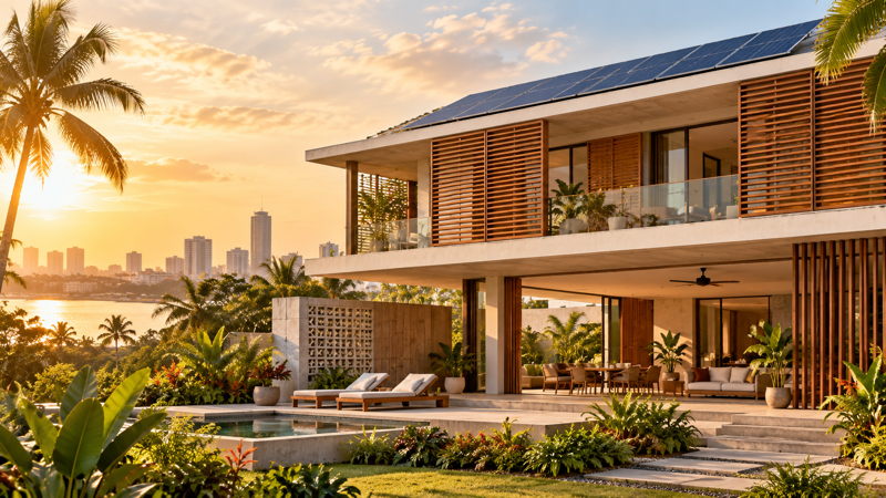 Villa tropicale moderne avec panneaux solaires dans un environnement paysager en Côte d’Ivoire