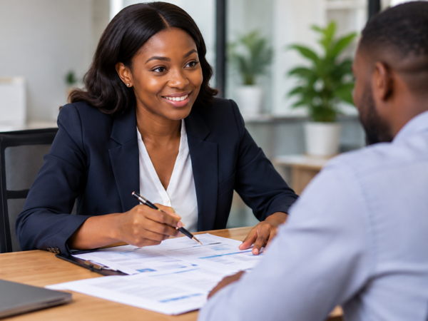 Conseillère ivoirienne accompagnant un client dans ses démarches immobilières