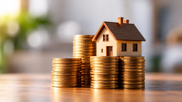 Maison miniature posée sur des piles de pièces illustrant le financement immobilier
