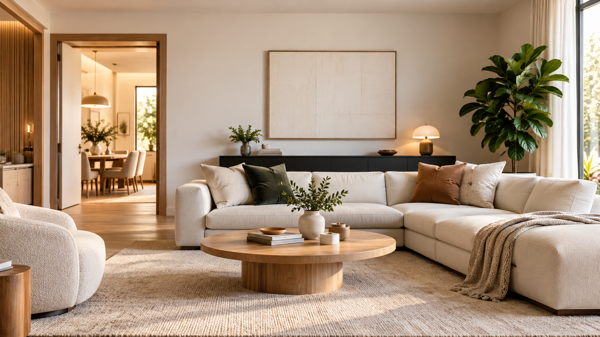 Salon contemporain avec canapé, mobilier et décoration intérieure