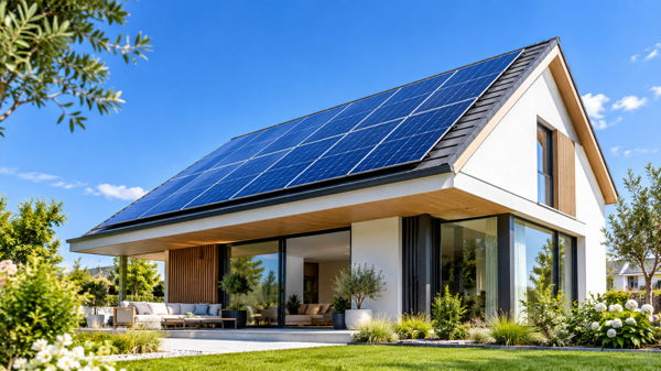 Maison contemporaine équipée de panneaux solaires sur sa toiture