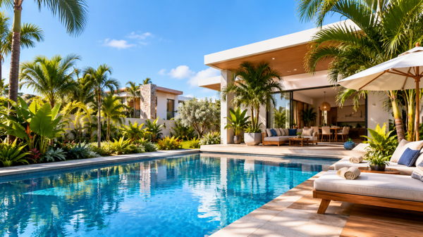 Villa contemporaine avec piscine, terrasse et jardin tropical