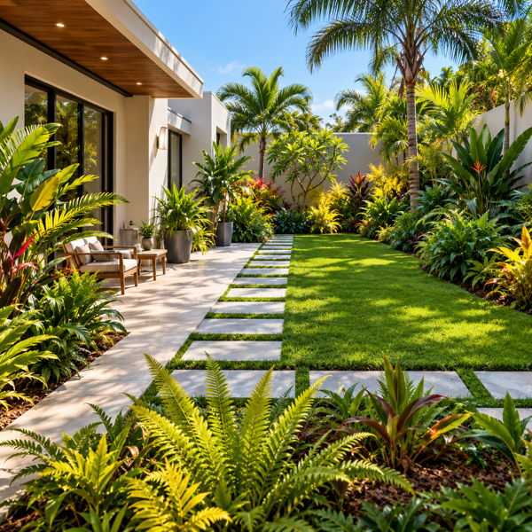 Jardin tropical avec allées et espaces végétalisés autour d’une maison