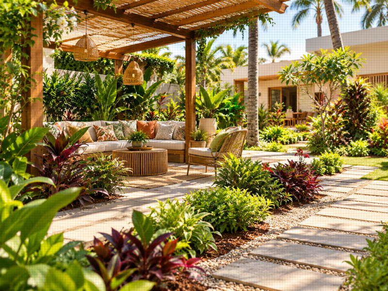 Jardin tropical aménagé autour d’une habitation