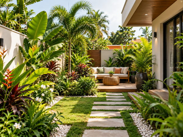 Petit jardin tropical aménagé avec espace détente