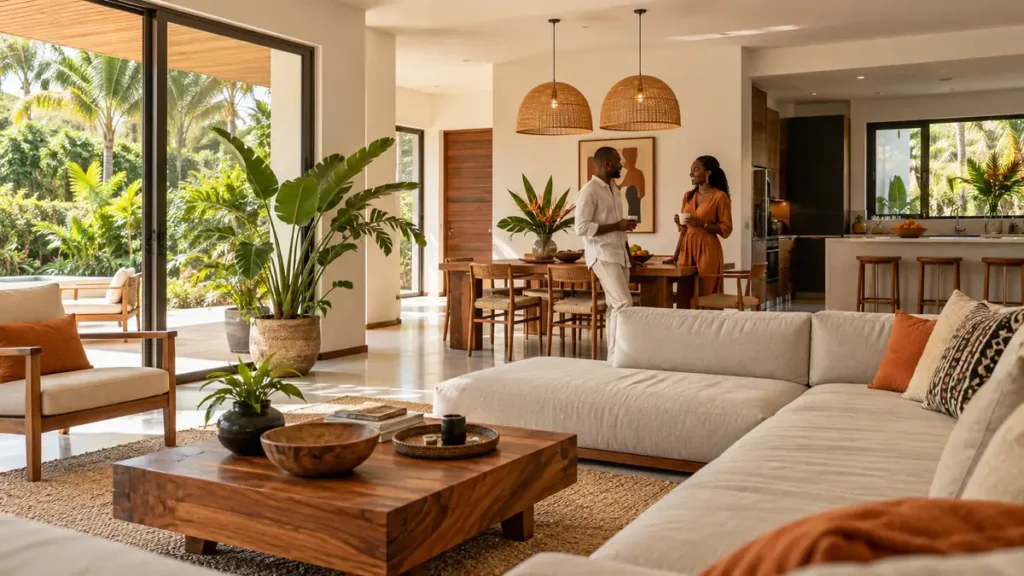 Salon ouvert sur une salle à manger et une cuisine dans une maison contemporaine.