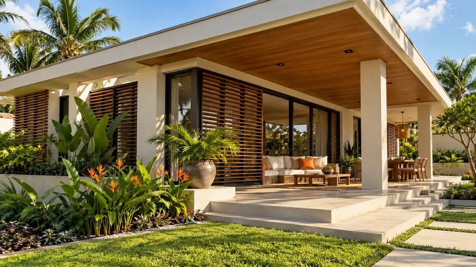 Maison avec débords de toiture, brise-soleil et terrasse ombragée.