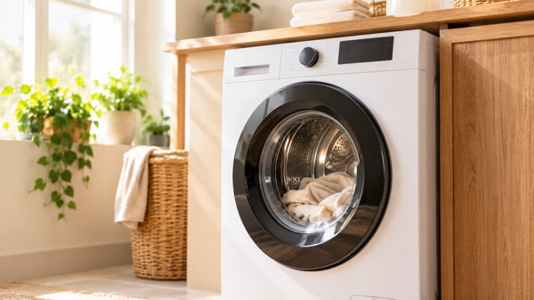 Lave-linge installé dans une buanderie lumineuse