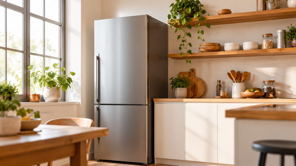 Réfrigérateur dans une cuisine lumineuse et fonctionnelle