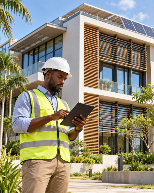Technicien ivoirien évaluant la performance énergétique d’un bâtiment en Côte d’Ivoire