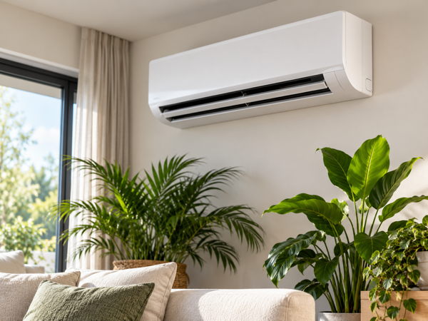 Climatiseur mural dans un salon lumineux et ventilé