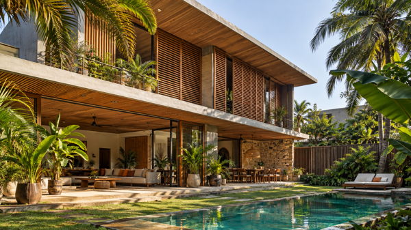 Maison contemporaine bioclimatique avec protections solaires et végétation en Côte d’Ivoire
