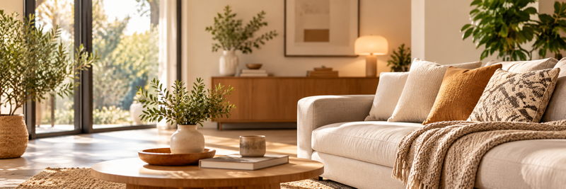 Salon lumineux et confortable avec mobilier et végétation