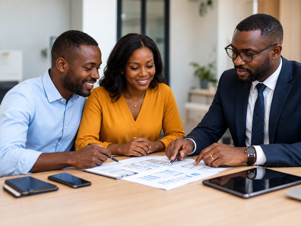 Professionnels et acquéreurs ivoiriens examinant des documents immobiliers