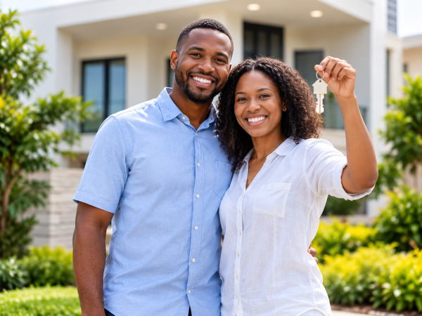 Couple ivoirien devant sa maison après une acquisition immobilière