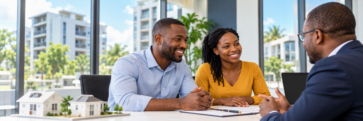 Couple ivoirien consultant un conseiller pour un crédit immobilier en Côte d’Ivoire
