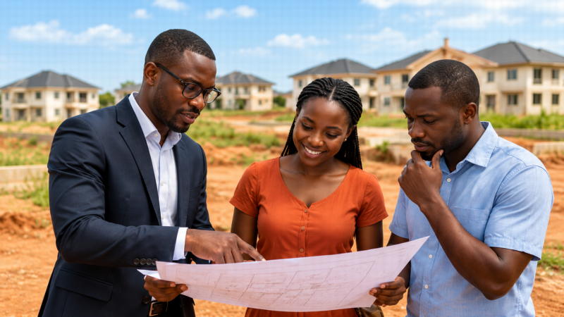 Professionnels consultant un plan et des documents de droit foncier en Côte d’Ivoire