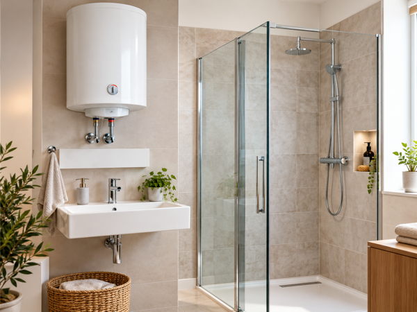 Salle de bain moderne équipée d’un chauffe-eau et d’une douche