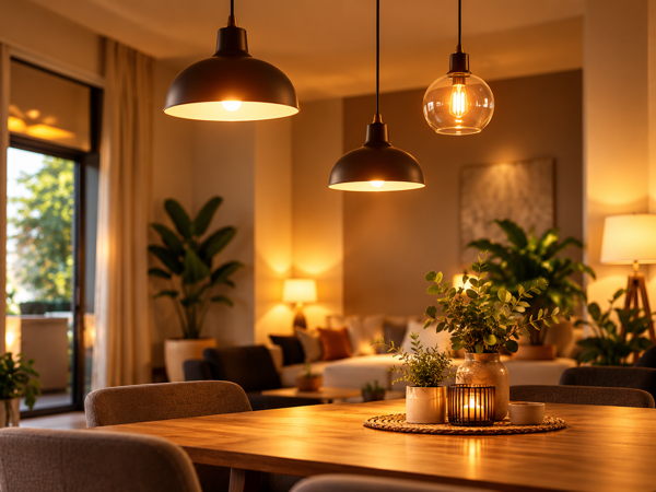 Éclairage chaleureux dans une salle à manger contemporaine