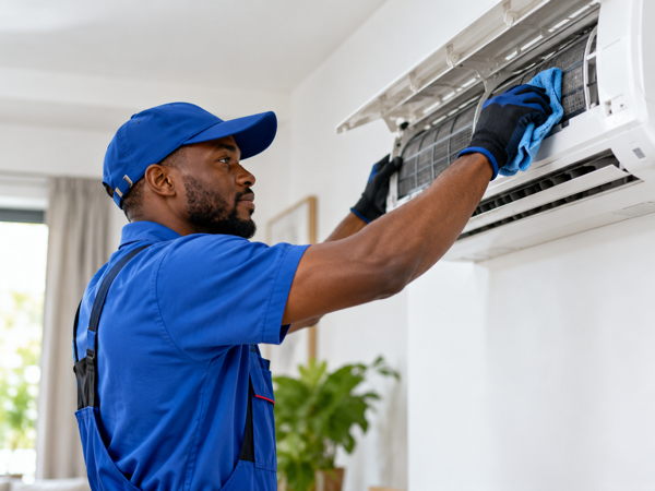 Technicien africain effectuant l’entretien d’un climatiseur mural